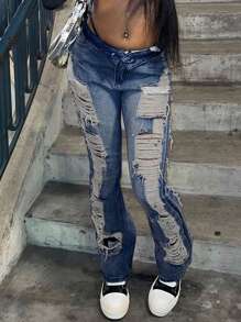 Y2K复古音乐节风格做旧毛边修身喇叭牛仔裤 - 藍色 - 查看 3