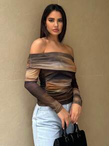 SHEIN Essnce Áo thun nữ Meralad, thiết kế hở vai có cổ lớn dài tay phối lưới hàng đầu mùa hè Top ống buộc dây - Nhiều màu - Xem 5