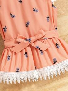 SHEIN Top semplice da decorare con cintura per ragazze dai 9 ai 14 anni con stampa casuale per l'uso quotidiano - Arancione - Visualizzare 6