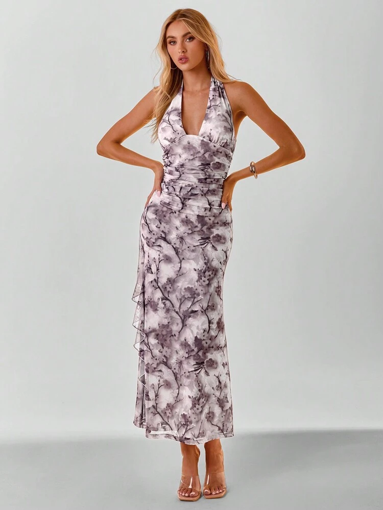 Summer Elegant Floral Printed Ruched Waist Backless Halter Neck Dress