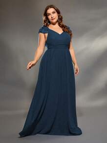 V-Neck Double-Layer Ruffled Chiffon Dress - Navy Blue - View 1