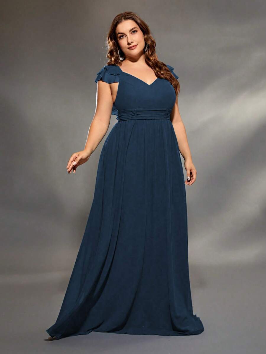 V-Neck Double-Layer Ruffled Chiffon Dress - Navy Blue - View 1