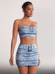 Denimoi Distressed Graphic-Effect Buckle Top & Skirt Two Pieces Set
