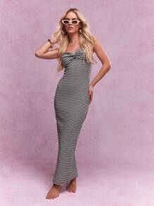MISSGUIDED Twist Knot Detail Bust Textured Stripe Ribbed Bandeau Bodycon Maxi Dress