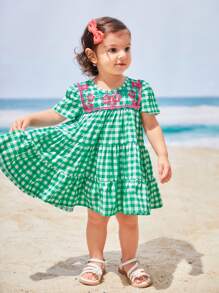 SHEIN Baby Girl Holiday Casual Plaid & Floral Printed Patchwork Dress - Green - View 3