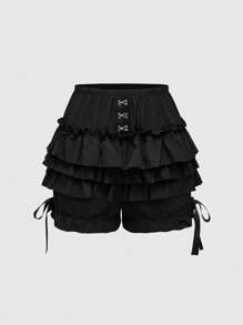 ROMWE Goth 哥特式女孩可爱三层褶边下摆南瓜短裤带蝴蝶结装饰，适合女士、学校