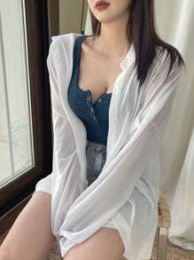 Joudiya 女式夏季纯色纽扣前开背心学院风上衣 - 藏蓝色 - 查看 2