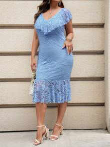 SHEIN Clasi Plus Size Eleganckie Slim Fit Niebieskie Falbaniaste Wykończenie Formalne Suknie Ślubne - Niebieski - Zobacz 5