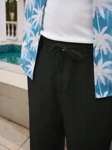 Manfinity VCAY 女士純色開衩口袋直腳編織休閒褲 - 黑色 - 查看 5