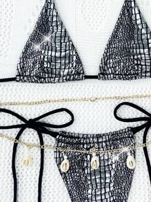 SHEIN Swim Women's Summer Beach Metal Texture Halter Neck Tie Sexy Bikini Set (Micro Triangle)