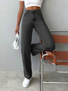 EURMUSE 100%Cotton Slant Pocket Casual Straight Cut Jeans - Grey - View 4