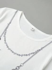 Teenage Boys' White Chain Short Sleeve Top And Shorts Set, Casual Home Outfit - Multicolor - View 3