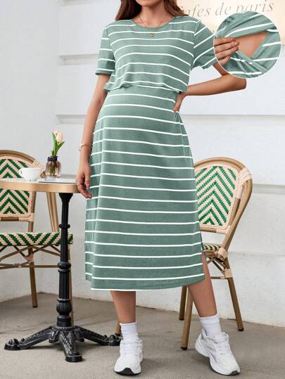 SHEIN Maternity Round Neck Striped Printed Summer Short Sleeve Breastfeeding Nursing Dress