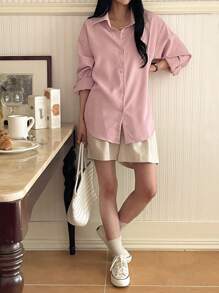 DAZY Áo sơ mi dài tay dáng rộng, dáng suông, họa tiết sọc đơn giản, thời trang xuân/hè, thu - Màu Hồng baby - Xem 7