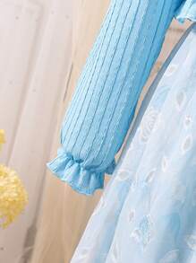 夏季Tween女孩ELGANTZ優雅的娃娃邊長袖開衫和花卉印花Cami裙套裝，輕盈的提花紋理，完美適用於派對和度假