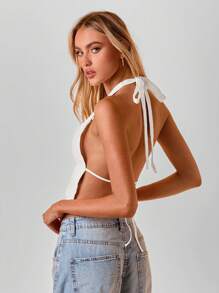 Aloruh Women's Summer Music Festival Concert Sexy Vacation Fashion White Backless Tank Top Solid Color Halter Top - Apricot - View 2