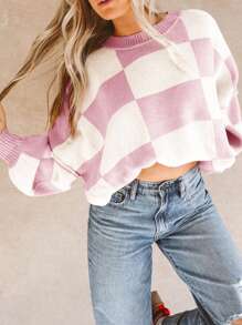 Elegant Plaid Bishop Sleeve Sweater, Long Sleeve Top - Pink - View 3