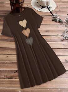 EMERY ROSE 女士休闲心形图案短袖紧身迷你连衣裙/短裙套装，夏季 - 咖啡棕 - 查看 1