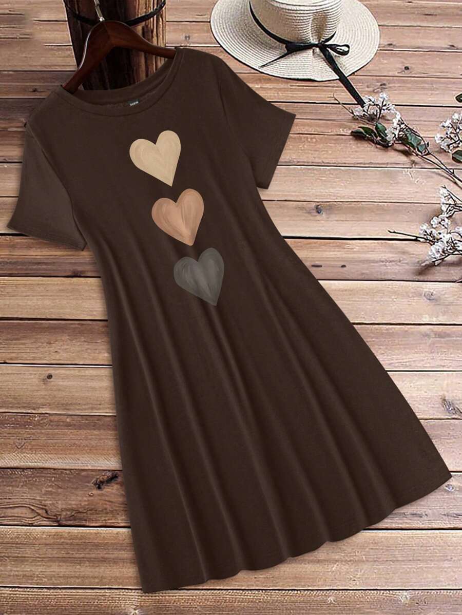 EMERY ROSE 女士休闲心形图案短袖紧身迷你连衣裙/短裙套装，夏季 - 咖啡棕 - 查看 1