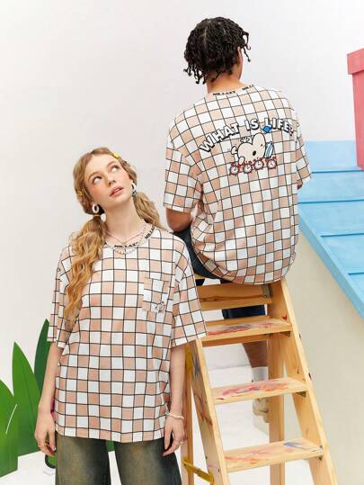 Mr Men Little Miss X SHEIN 1 pieza Camiseta de manga corta de punto holgada con estampado de cuadros y diseño de dibujos animados, unisex, para el verano