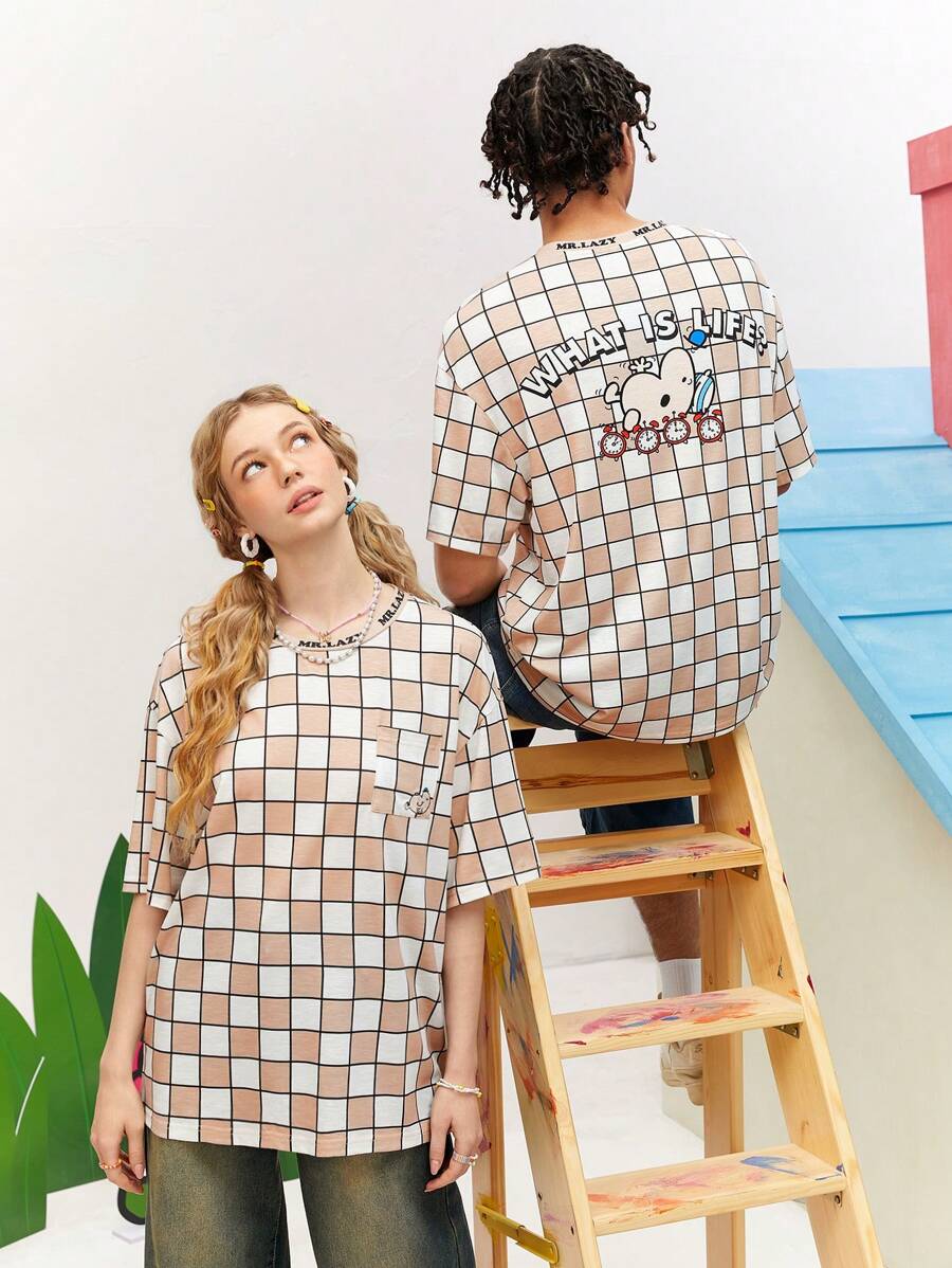 Mr Men Little Miss X SHEIN Unisex 1pc Casual Loose Knit Cartoon Pattern Plaid Printed Short Sleeve T-Shirt For Summer - Multicolor - View 1