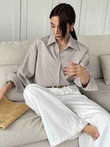 DAZY 女式宽松条纹休闲/校园衬衫学院风上衣，秋季女装长袖上衣 - 卡其色 - 查看 3