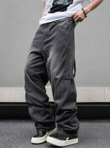 Claim Dot Pantalones vaqueros anchos y sueltos con bolsillos para hombres, pantalones vaqueros anchos lisos y largos lavados de color gris oscuro tipo cargo, para regalo de esposo o novio - Gris - Ver 8