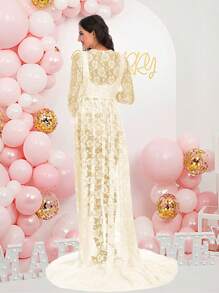 Maternity Lace Dress Deep V-Neck Split Front See-Through For Photography Photoshoot With Long Sleeve - Apricot - View 2