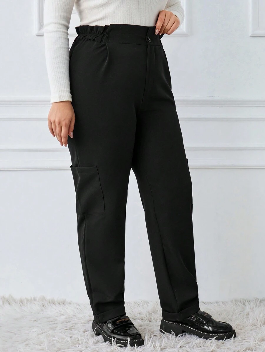 SHEIN Cottnline Plus Size Solid Color Ladies' Pants With Side Pockets - Black - View 1