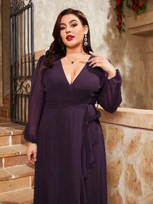 大码不对称交叉 V 领长袖雪纺连衣裙，带褶边优雅伴娘礼服 - 紫色 - 查看 3