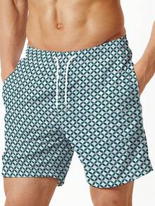Men's Vacation Geometric Printed Drawstring Waist Loose Beach Shorts - Green - View 6