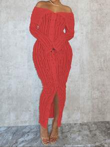 时尚提花露肩开衩紧身长裙，适合春夏季 - 紅色 - 查看 4