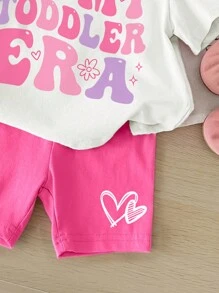 SHEIN Baby Girl Casual Simple English Printed Short Sleeve T-Shirt And Shorts Set, Suitable For Summer - Multicolor - View 4