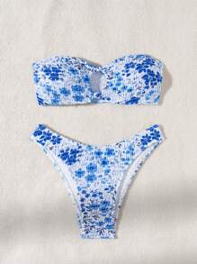 SHEIN Swim Women's Summer Beach Floral Strapless Hollow Out Sexy Two-Piece Bikini Set, Random Print