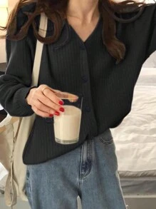 Pulover cardigan de damă, de culoare uni, simplu, ocazional, pentru zi cu zi - Negru - Vizualizare 4