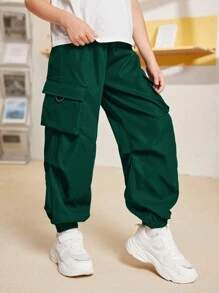 SHEIN Tween Boy Flap Pocket Side Cargo Pants - Green - View 3