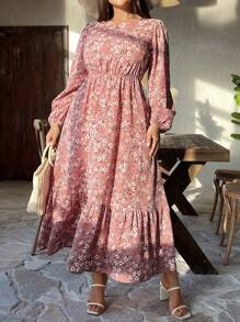 DreamSkyne Plus Size Holiday Casual Ditsy Floral Lantern Sleeve Dress Maxi Women Outfit - Pink - View 3