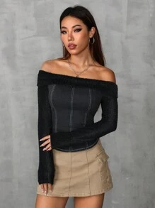 Áo dệt kim denim lệch vai - Màu xám đen - Xem 5
