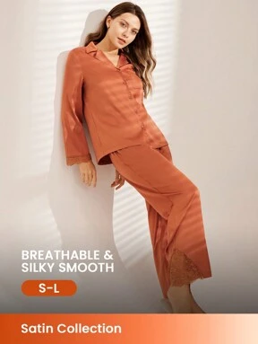 LUVLETTE Satin With Lace Trim Retro Long Women Pajama Set Lounge Sets Lingerie