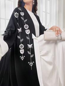 Al Najma Women's Printed Simple Everyday Abaya, Floral Embroidery Black Open Abaya - Black and White - View 7