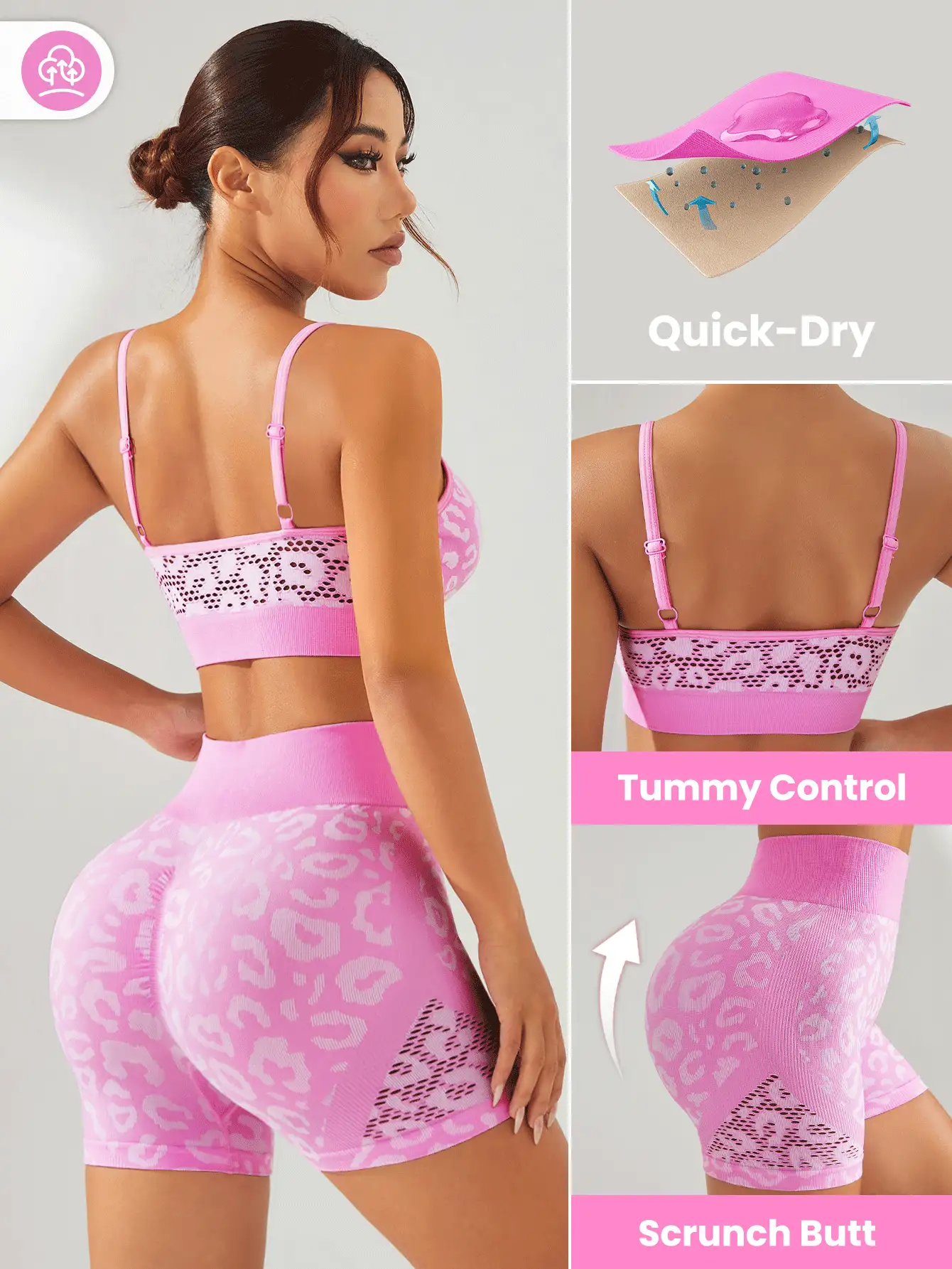 Easithlete Women's Simple Printed Hollow Out Sports Top And Shorts Set For Daily Wear - Pink - View 3