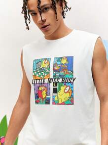 Mr Men Little Miss X SHEIN Men Casual Knitted Cartoon Illustration Printed Tank Top For Summer - White - View 5