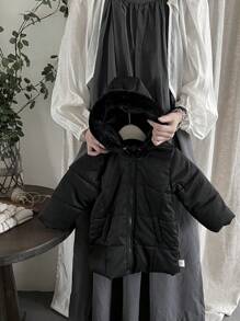 Baby Girl Black Stylish Mid-Length Jacket With Matching Handkerchief, Autumn/Winter