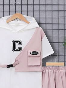 SHEIN Tween Boy Loose Fit Casual Hooded 2 In 1 T-Shirt And Shorts Set - Pink - View 5