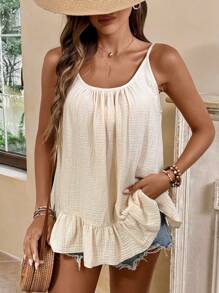 SHEIN LUNE 亚麻皱褶面料荷叶边下摆细肩带无袖吊带背心，A 字形 - 杏色 - 查看 1