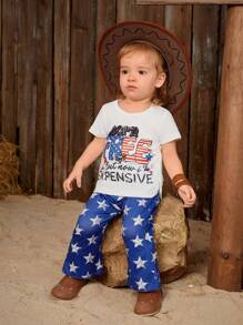 SHEIN Stylish Baby Girl Summer Daily Casual Short Sleeve Star Print Flared Pants Set