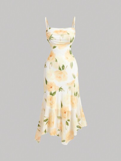 SHEIN MOD فستان كامي للنساء مطبوع بزهور رومانسية، حافة غير متماثلة، شبكة مرنة والصدر مكشكش