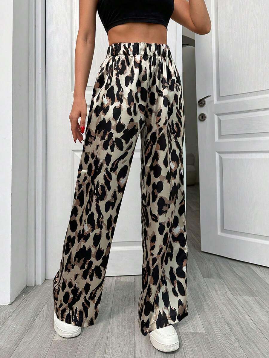 EURMUSE Leopar Printed Satin Low Waist Pant - Brown - View 1