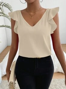 SHEIN Privé 女士V領蕾絲鑲邊蓋肩短袖上衣 - 杏色 - 查看 5