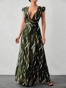 EURMUSE Striped V-Neck Button Detailed Dress - Green - View 5